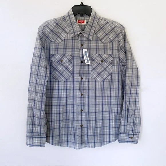 NWT Wrangler Men’s Cowboy Wash Plaid Button Up Vintage Indigo Blue size Medium - Picture 9 of 10